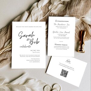 Minimalist Wedding Invitation Suite with QR Code, Black and White Elegant Wedding Set, Modern Wedding Bundle, Simple Stationary Set