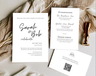 Conjunto de invitaciones de boda minimalistas con código QR, elegante set de boda en blanco y negro, paquete de boda moderno, set de papelería simple