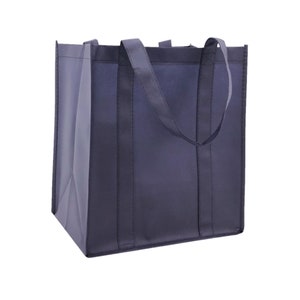 May include: A dark blue reusable shopping tote bag with two wide handles. The bag is made of a sturdy, non-woven fabric.