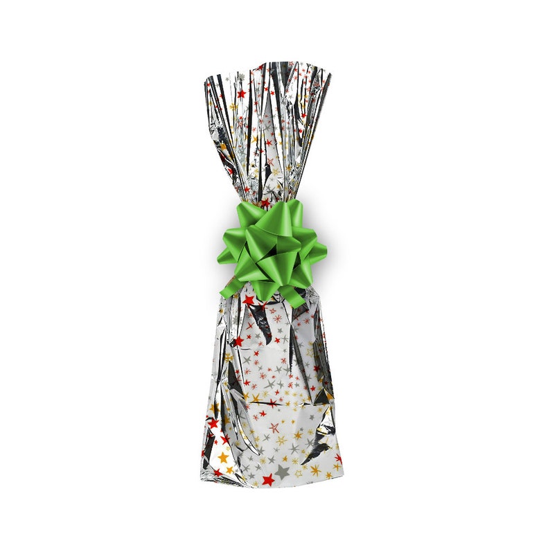 silver mylar wine gift bag- bottle bag- printed design