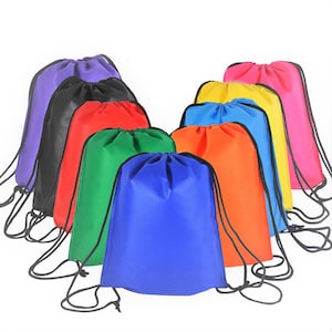 May include: A set of ten drawstring bags in various colors, including black, red, green, blue, orange, yellow, and purple. The bags are made of a smooth, lightweight fabric and have black drawstrings.