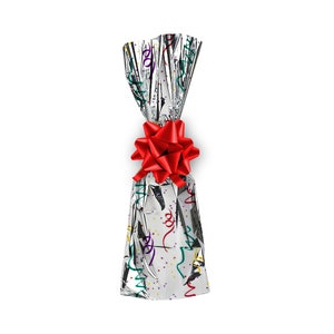 Silver mylar wine gift bag -confetti design printed