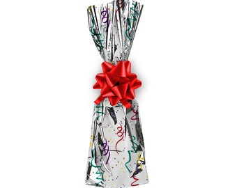 Pack of 100 Pcs - Silver Mylar Wine Gift Bag Printed Designs