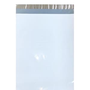 May include: White poly mailer with a silver and gray stripe across the top.