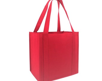 May include: A bright red reusable tote bag with a square base and vertical side panels. The bag features two long, sturdy fabric handles attached to the top edges, providing a deep, open-top compartment for carrying various items securely.
