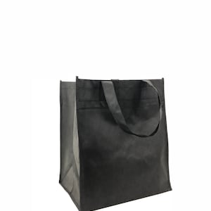 May include: A black reusable shopping bag with two handles. The bag is made of a sturdy, non-woven fabric.