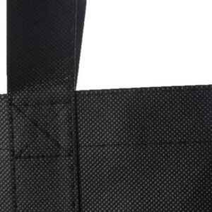 May include: Close-up of the top of a black reusable tote bag with a black fabric handle. The bag has a textured, woven pattern.