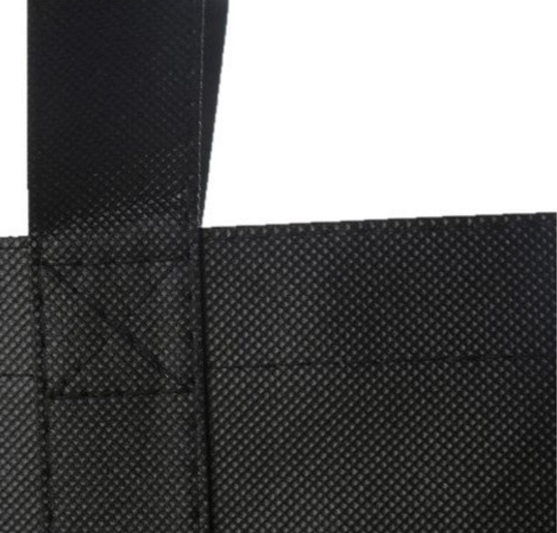 May include: Close-up of the top of a black reusable tote bag with a black fabric handle. The bag has a textured, woven pattern.