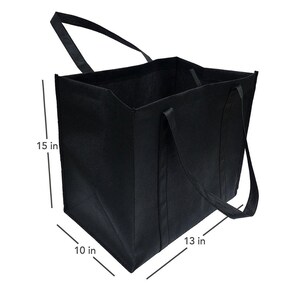 May include: A black reusable tote bag with two handles. The bag measures 15 inches tall, 13 inches wide, and 10 inches deep.