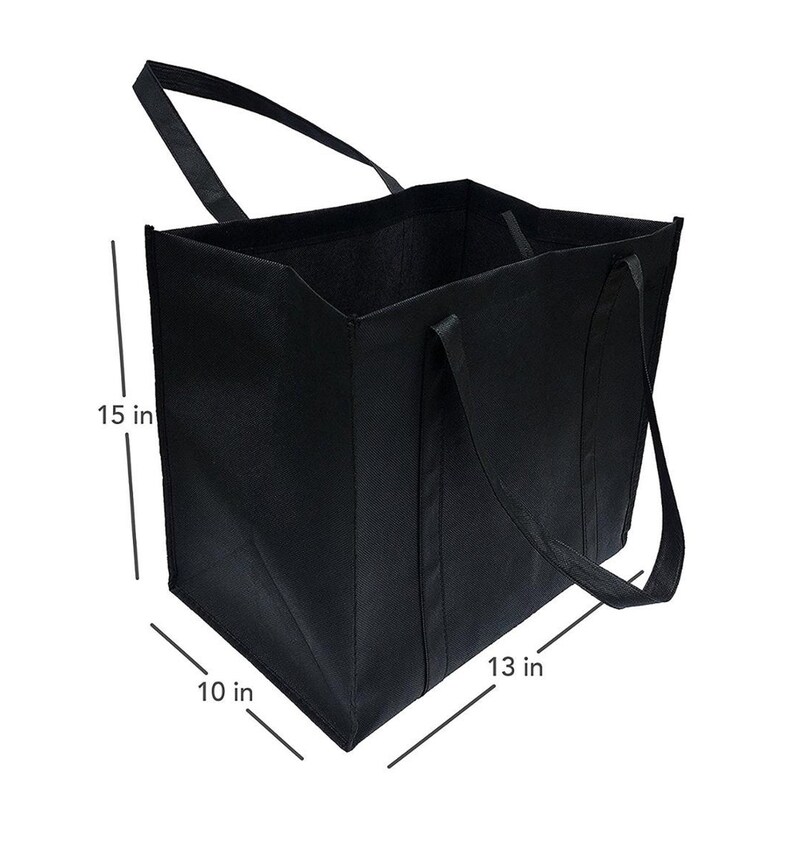 May include: A black reusable tote bag with two handles. The bag measures 15 inches tall, 13 inches wide, and 10 inches deep.