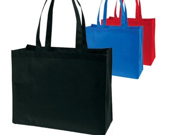 May include: Three reusable tote bags in black, blue, and red. The bags have long handles and are made of a sturdy fabric.