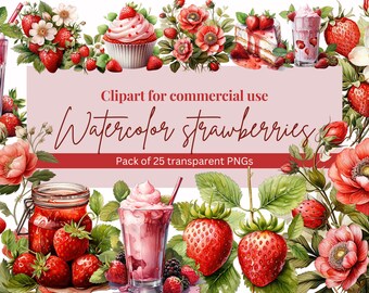 Watercolor Strawberries Clipart - Transparent PNG - Instant Download - Commercial Use