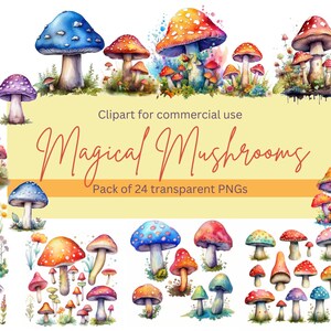 Watercolor Magical Mushrooms Clipart, Cute whimsical, forest nature toadstool, transparent PNG format, instant download, commercial use