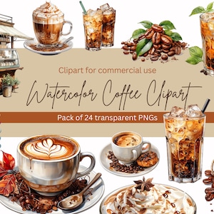 Kaffee Delights Clipart Bundle - Aquarell Latte Art, heiße Schokolade, Kaffeewagen - PNG-Format - Sofortiger Download für kommerzielle Nutzung