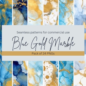 Blue Gold Marble Digital Paper, seamless marble textures in blue, gold and white, instant download for commercial use