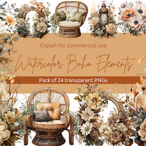 Boho Dreams Watercolor Clipart Bundle - Transparent PNG Pack - Feathers, Arches, Lanterns, Wicker Chairs, Shabby Florals, Commercial Use