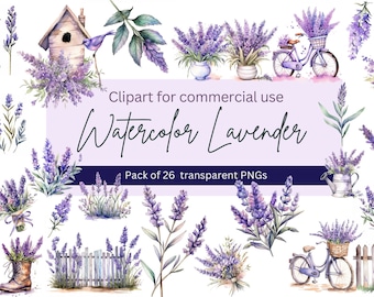 Watercolor Lavender Clipart - floral spring transparent PNG format instant download for commercial use