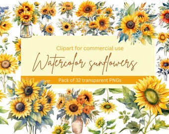 Watercolor Sunflower Clipart – Fall Floral PNG Bundle (Digital Download)