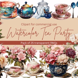 Whimsical Tea Party Clipart Set, Commercial Use, Transparent PNGs, Vintage Floral Teacups, Charming Tea Time Illustrations, Digital Download