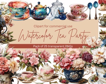 Watercolor Floral Teacup Clipart Set, Vintage Tea Party (Digital Download)