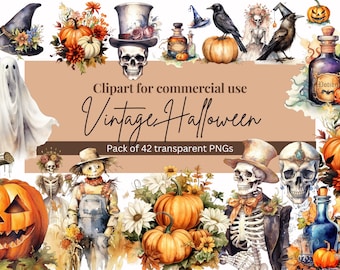 ビンテージ ハロウィーン 水彩画 クリップアート パック - 即時