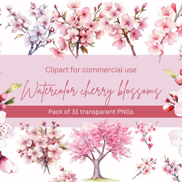 Watercolor Cherry Blossoms Clipart, Sakura, Floral branches, Spring Floral pink Bouquets, Premade clipart, Japanese sakura transparent png
