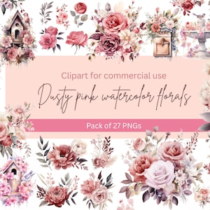 Dusty Pink Floral Clipart - Watercolor Floral Clipart - Floral Clipart - Dusty Pink - Red and white - Premade Clipart - Wedding Clipart