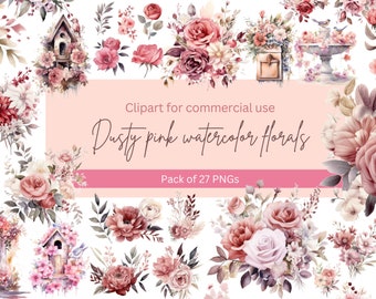 Dusty Pink Floral Clipart – Watercolor Flower Graphics (27 PNGs)