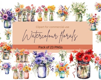 Imágenes prediseñadas de jarrones de flores en acuarela – Imágenes PNG florales (Descarga digital)