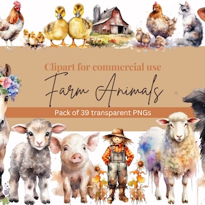 Watercolor Farm Clipart Bundle - Cute Animals, Barn & Nursery - Commercial Use - Transparent PNGs - Dog, Horses, Chicks, Cow, Pig, Pack
