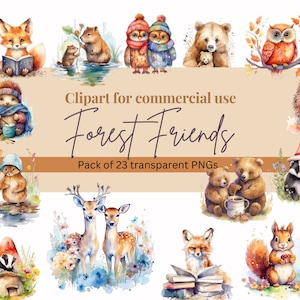 Forest Animals Clipart Watercolor, commercial use, transparent PNGs, Nursery Clipart, Fox, Bear, Deer, Hedgehog, Rabbit, Deer, Owl