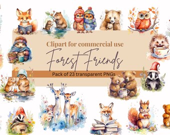 Watercolor Forest Animals Clipart, Nursery Art PNGs (23 Files)