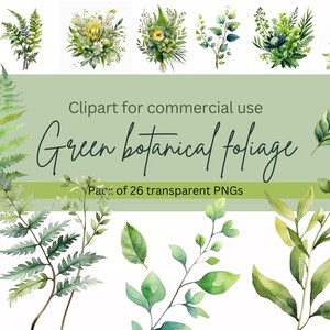 Greenery Watercolor Clipart, transparent png, Botanical Clipart, Watercolor Clipart, Wedding Clipart, Foliage Clipart, ferns, leaves