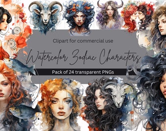 Magical Zodiac Signs Clipart Bundle - Astrological Elements & Watercolor Horoscope ClipArt - Transparent PNG Format - Instant Download