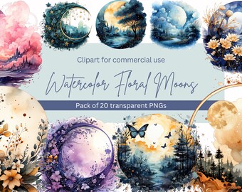 Enchanting Floral Moon Clipart - Crescent Moons with Flowers and Butterflies - Watercolor PNG Format - Instant Download for Commercial Use