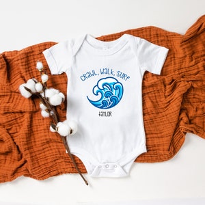 Crawl Walk Surf Baby Onesie®  Personalized Surfing Baby Onesie® Custom Waves Onesie® Cute Surfing Onesie® Custom Surf Baby Onesie®