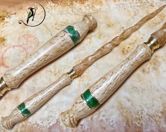 Magic wand made of Karelian birch wood, with Italian jade insert and brass details