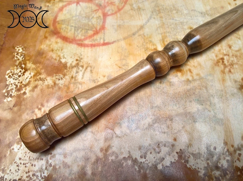 for wicca or cosplay Magic cherry wood wand magician and witch natural color and finish lathe worked