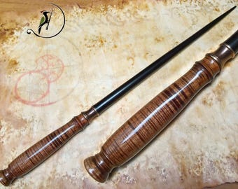 Koa wood and ebony magic wand with brass guard - spectacular chatoyance effect that feels like velvet!