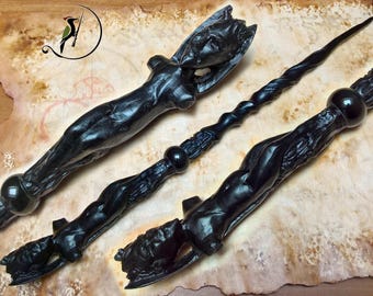 Varita mágica de madera de ébano africano con bola de cuerno negro "Lucifer" - Tallada a mano