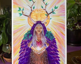 May include: A colorful illustration of a woman with a crown of antlers and a purple cloak, holding a glowing orb in her hands. The background features a sun, clouds, and stars.