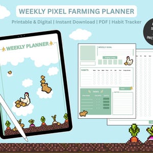 Könnte beinhalten: Ein digitaler Wochenplaner mit Pixel-Farm-Thema. Das Bild zeigt ein Tablet mit dem Planer, einen Stift und gedruckte Planerseiten. Der Planer enthält eine Gewohnheitsverfolgung, Aufgabenlisten und einen Wochenzielbereich. Der Text lautet "Weekly Pixel Farming Planner".