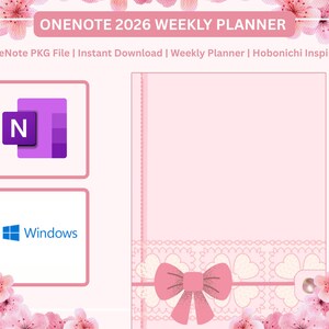Può includere: Un'agenda digitale rosa con la scritta "ONENOTE 2026 WEEKLY PLANNER". L'immagine include un logo OneNote viola, un logo Windows e un fiocco decorativo. Il design è adornato da accenti floreali rosa.