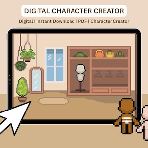 Może przedstawiać: Cyfrowa ilustracja tabletu wyświetlającego pikselową scenę kreatora postaci. Scena zawiera szafę, lustro i rośliny. Tekst "DIGITAL CHARACTER CREATOR" znajduje się na górze. Obecne są również dwie pikselowe postacie i kursor.