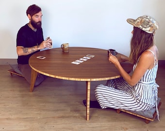 Round Low Dining Table | Chabudai with Floor Chairs | Floor Seating Card Table and Dining Set | Walnut Bamboo