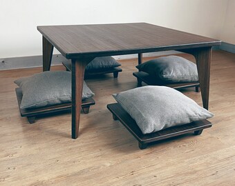 Square Chabudai Table Set | Low Coffee Table with Floor Chairs | Sustainably Made Japanese Furniture | Dark Ebony Bamboo