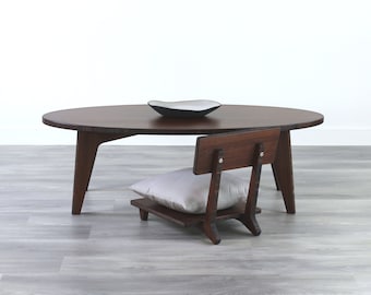 Midcentury Modern Walnut Oval Coffee Table | Japanese Inspired Low Table | Walnut Bamboo