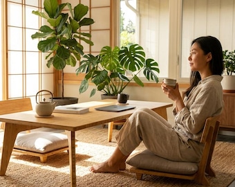 Small Rectangle LOW Dining Table, Coffee Table or Desk | Japanese Mid-Century | Chabudai | Tatami | Natural Bamboo