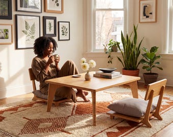 Small Square Bamboo Coffee Table Set | Mid-Century Japanese Chabudai Dining Set