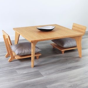 Small Square Coffee Table Set | Mid-Century-Japanese Inspired | Chabudai | LOW Dining or Work with Floor Chair/Seating - Natural BAMBOO